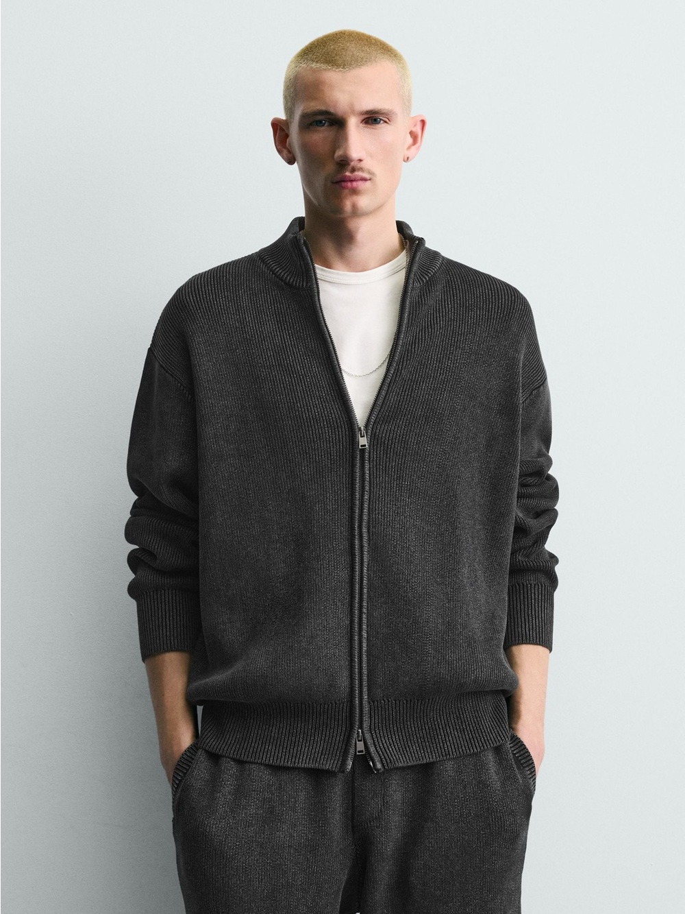 NWT ZARA Men Brown Knit Bomber sweater Size L 🤎 full front zipper Fall/winter
